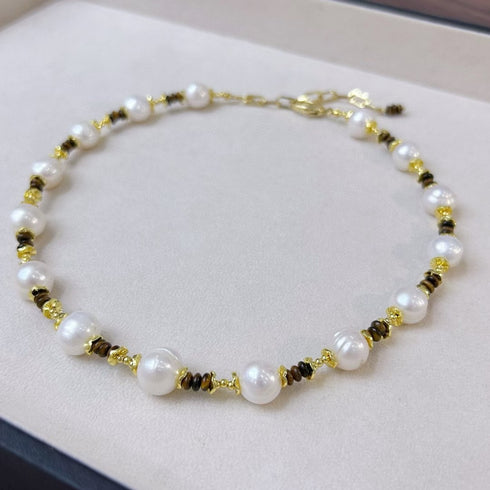 Brown Tiger Eye Gemstone Baroque Pearl Necklace